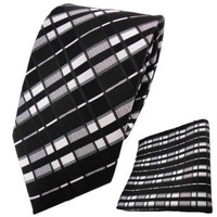 Tigertie Krawatte + Einstecktuch Schwarz Anthrazit Silber Grau Gestreift