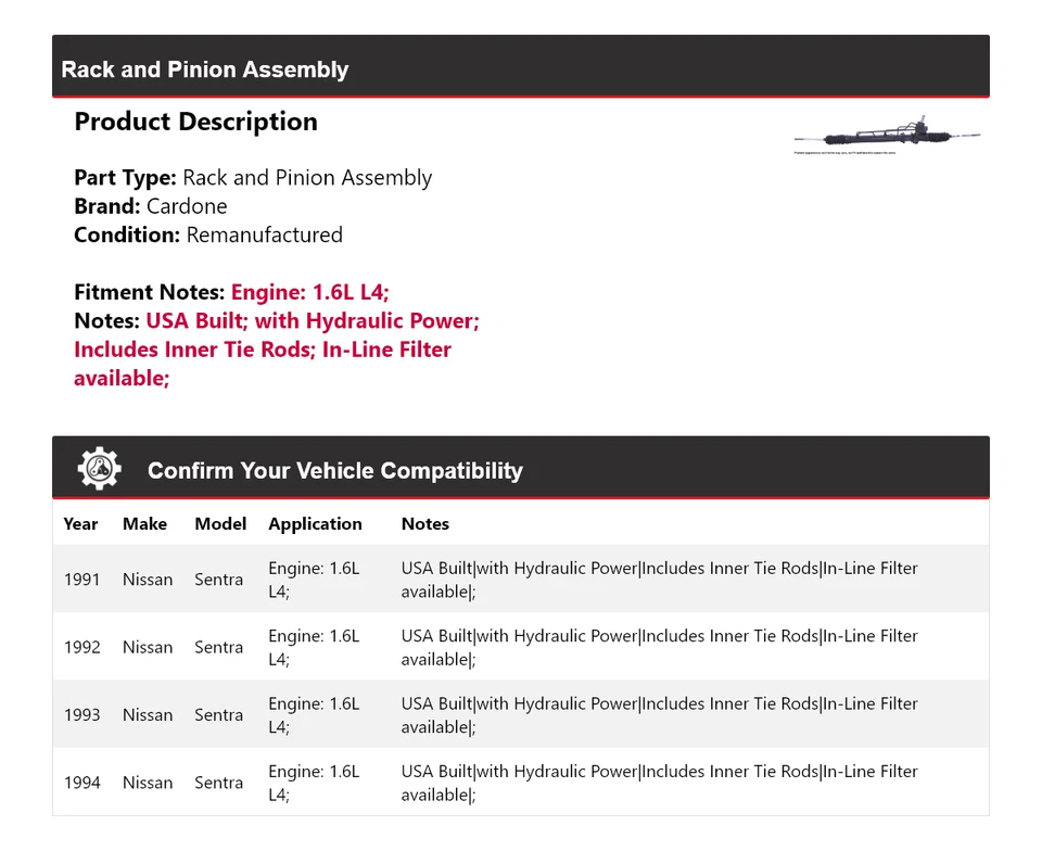 Conjunto de piñón y cremallera Cardone 1992 1993 para Nissan Sentra 1991-1994 1,6 L L4 Foto 2 de 4
