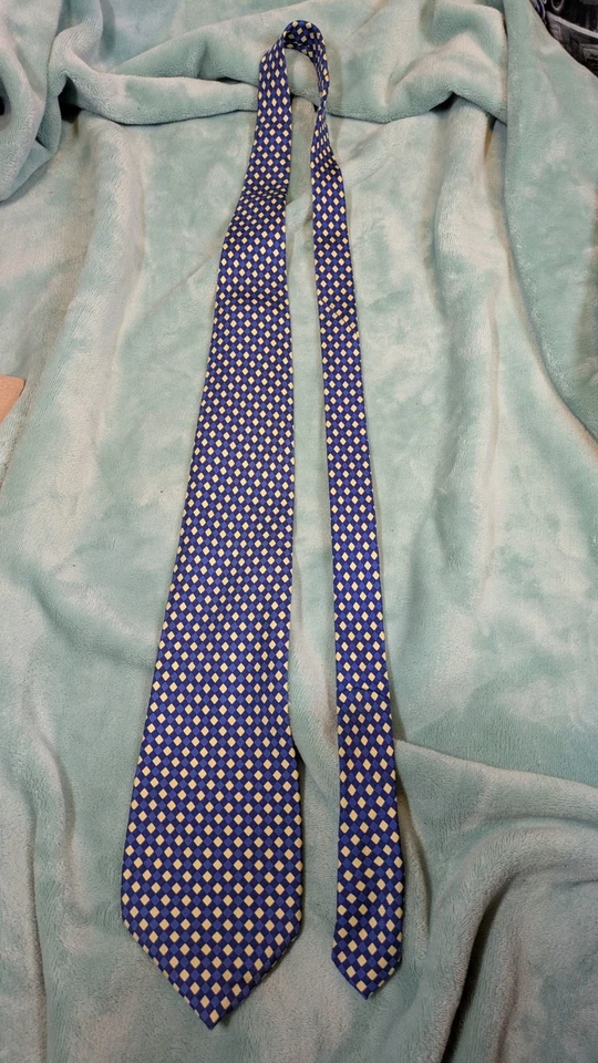 River Island Geometric Diamond Blue Yellow 100% Silk Tie Mens Formal Office - Image 3 of 4