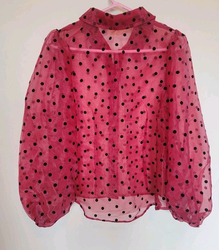 Top Kaktus Mujer Terciopelo Negro Lunares Transparente Abotonado Manga Abullonada Talla Grande - Imagen 5 de 8