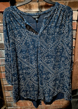 Lucky Brand-1X-Navy w/ Tan Paisley Medallion Pattern, 1/2 Button, 3/4 Sleeve Top
