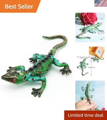 Stunning Hand-Painted Diamond Green Lizard Trinket Box - Unique Collectible