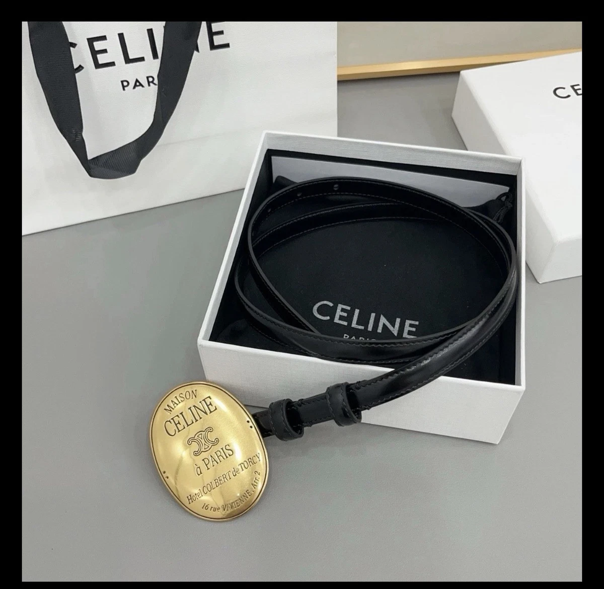 Women's Celin*e 1.3cm/0.51in Black Leather Belt gold retro oval badge buckle