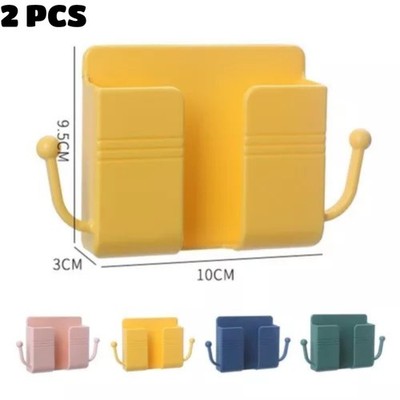 2PCS Wall-Mounted Phone & Remote Control Holder with Dual Hooks ABS Organizers