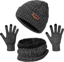 3-Pieces Winter Beanie Hat Scarf and Touch Screen Gloves Grey hat Scarf Gloves 