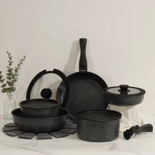 15Pcs Pots and Pans Set Non Stick, Cookware Sets with Detachable Handle,Black