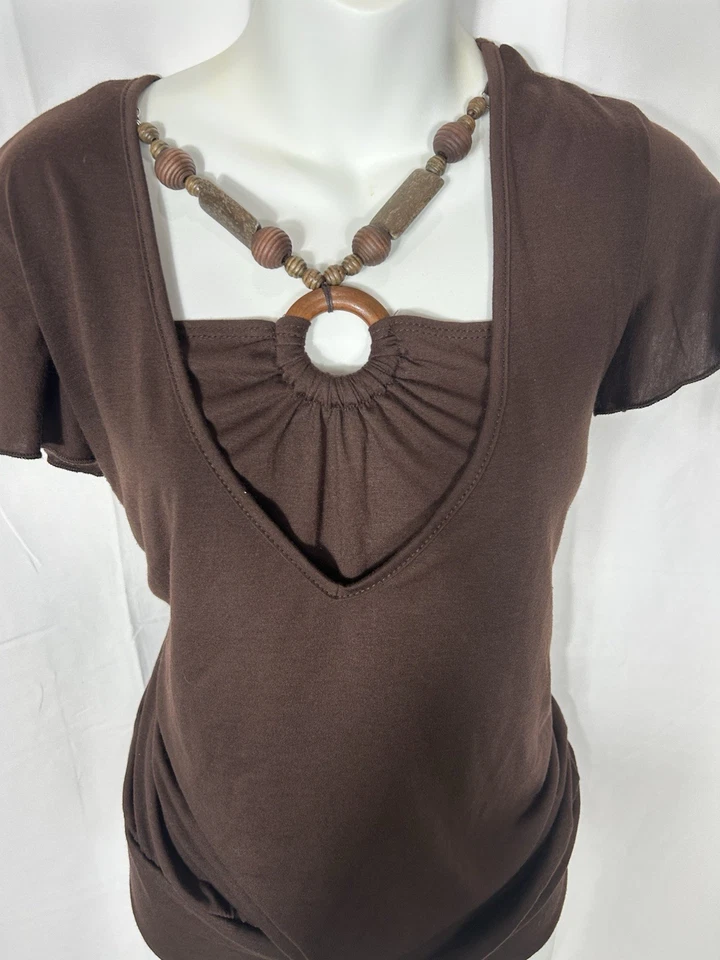 JKLA Y2K Bubble Top Women XL Halter Wood Bead Brown Boho Forest Fairy Grunge USA - Image 2 of 4