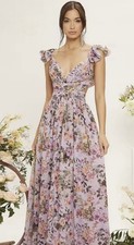 Romantic Pink Floral Maxi Dress Open Back Ruffle Wedding Guest M