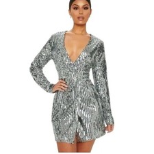 PrettyLittleThing Silver Sequin Long Sleeve Mini V-Neck Dress