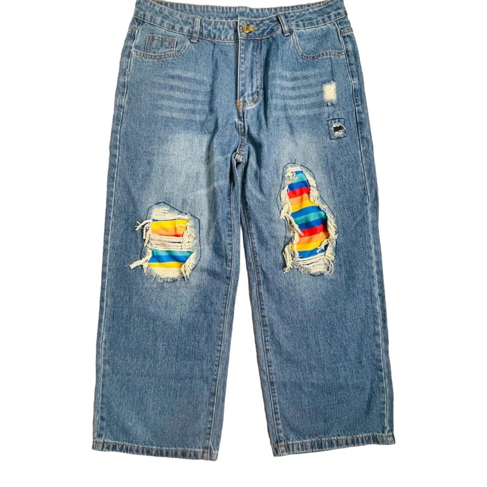 Rainbow Patch Blue Jeans Trendy Large - Image 2 of 4