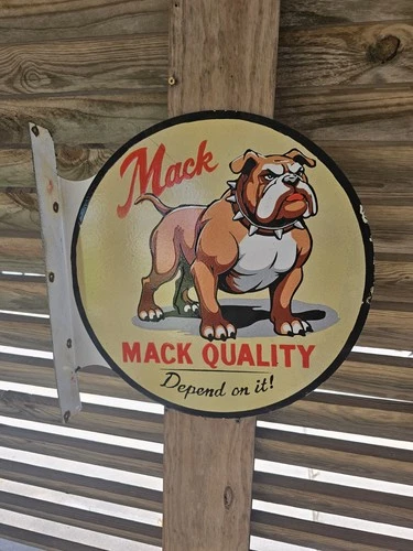 VINTAGE MACK TRUCK DOUBLE-SIDED FLANGE PORCELAIN GAS SIGN 17" X 17"