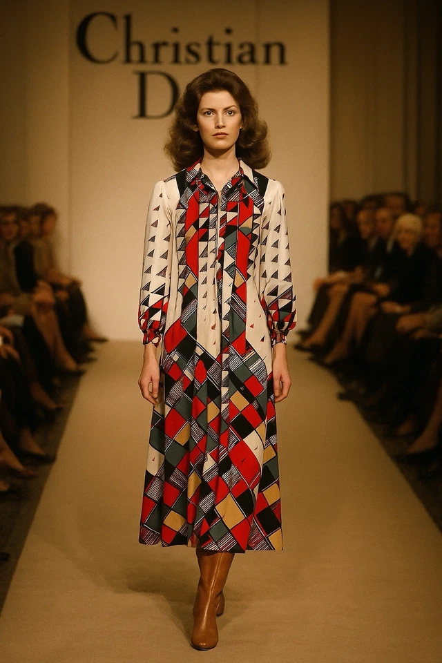 Vestido midi geométrico vintage Christian Dior cremallera frontal años 70 talla S raro Foto 2 de 4