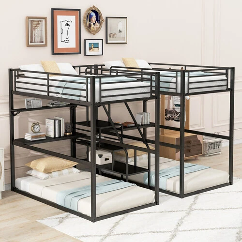 Twin Over Twin Bunk Bed with 2 Desks and Shelves Metal Loft Bunk