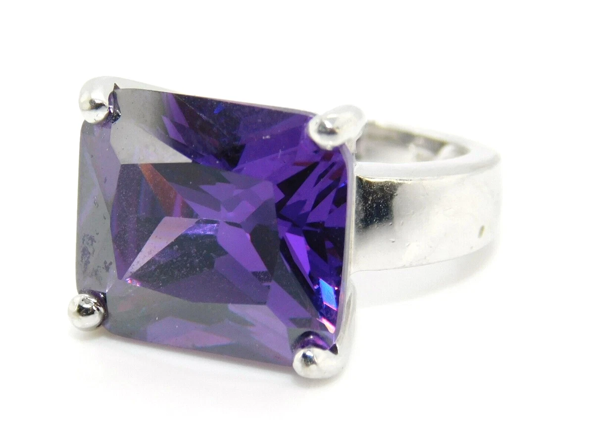 Designer Signed FAS 925 Sterling Silver Purple Rectangular Solitaire Ring