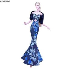 Vestido Azul Floral Hecho a Mano para Muñeca 11.5" Conjunto Cola de Pescado Vestido Chal Conjunto de Ropa