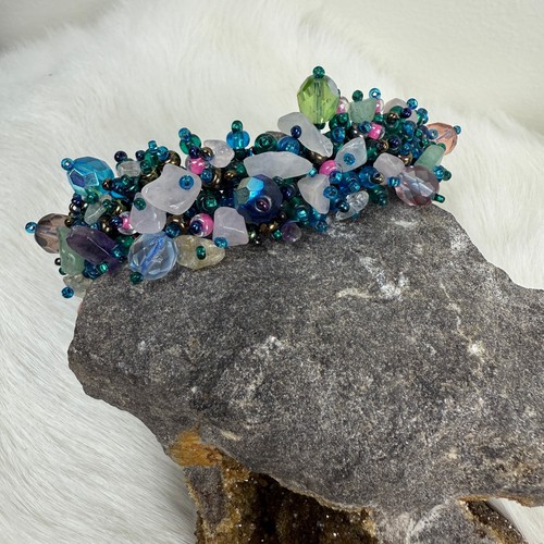 Blue Glass & Stone Bead Beadwork Cuff Bracelet Magnetic Clasp 7" - Picture 2 of 8