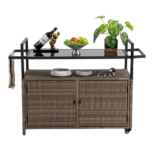 Outdoor Wicker Bar Cart, Patio Wine Serving Cart , with Wheels, Glass Top, Brown