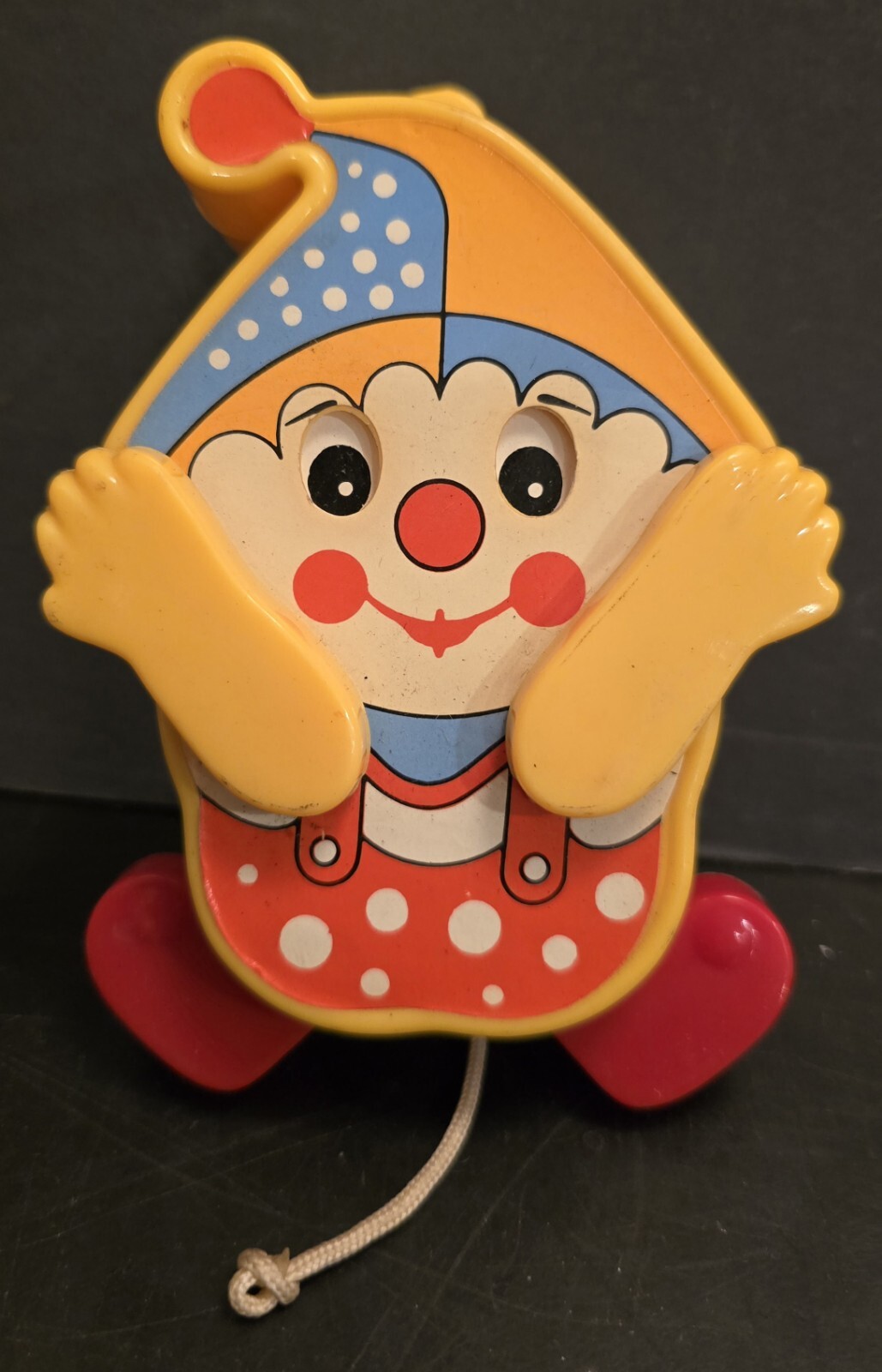 Vintage Musical Clown Pull Toy Peek a Boo with Music Red Yellow Preschool Play