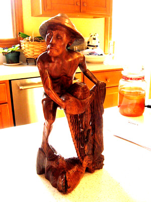 Vintage Asian Wooden Hand Carved Fisherman Casting His Nets Figurine 12''T
