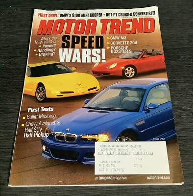 Motor Trend Magazine August 2001 Speed Wars BMW M3 Corvette Z06 Porsche Boxster