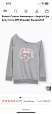 Breast Cancer Awareness - Sequin Lips Grey Terry Off Shoulder Sweatshirt