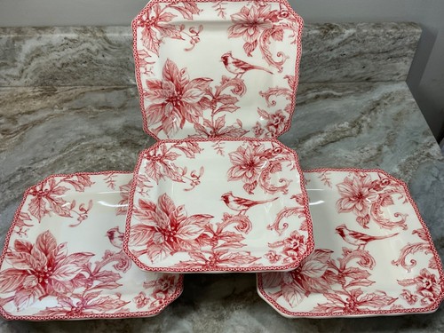 Square Salad Plates CHRISTMAS LANE Red 222 Fifth Set Of 4 Porcelain 8.5 Inch New - Picture 9 of 22