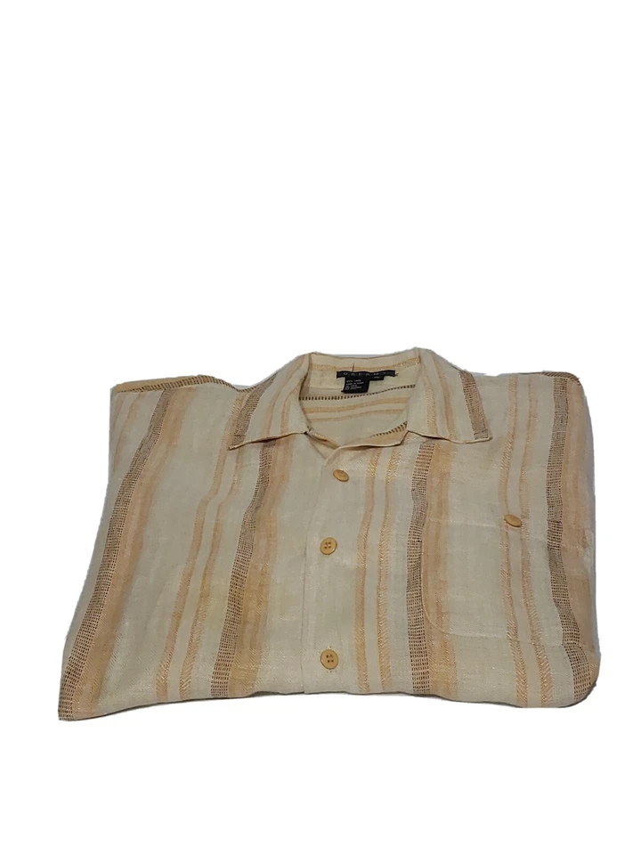 Dreams Hombre Talla XL 100% Lino Rayado Crema y Naranja Mangas Cortas De Colección Foto 2 de 4