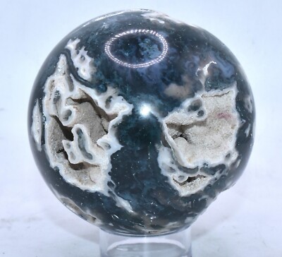 2.9'' Blue Green Moss Agate w/ Open Druzy Sphere Polished Gemstone Mineral India