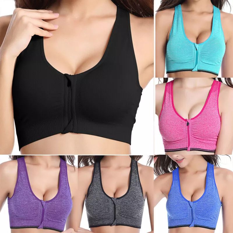 Women Zip Up Front Gym Sports Bra High Impact Yoga Removable Pads