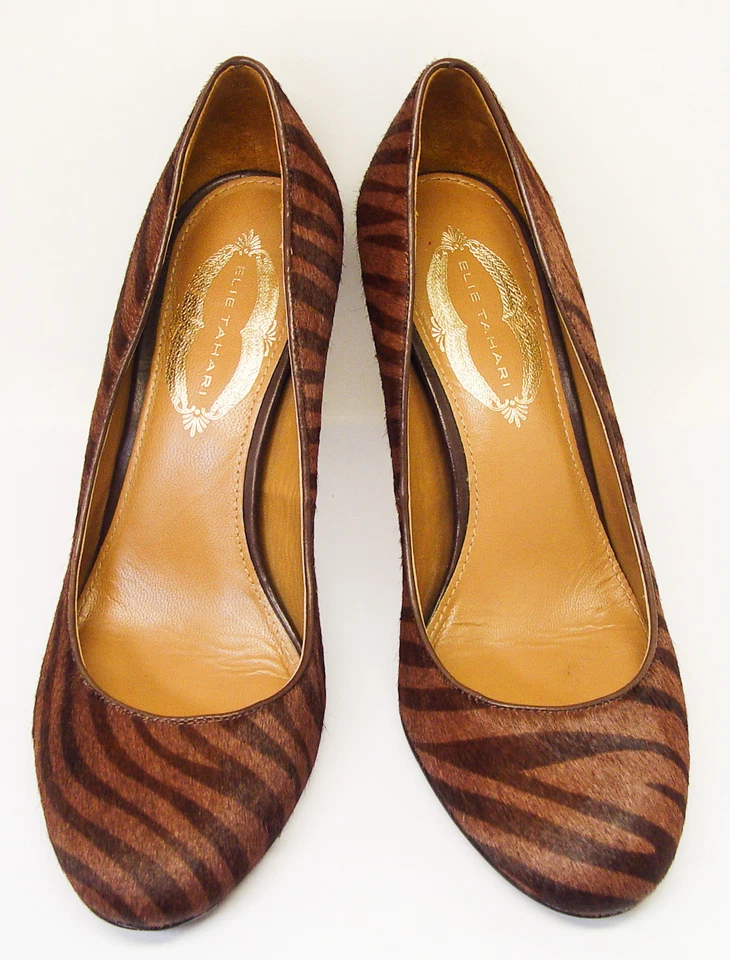 ELIE TAHARI TALLA 37 1/2 (US 7) PIEL DE BECERRO ANIMAL PRINT 3.5" TACONES ZAPATOS DE SALÓN BUEN ESTADO Foto 3 de 4