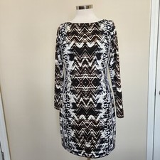 Vince Camuto Size 6 Animal Print Black Brown White Long Sleeve Lined Dress
