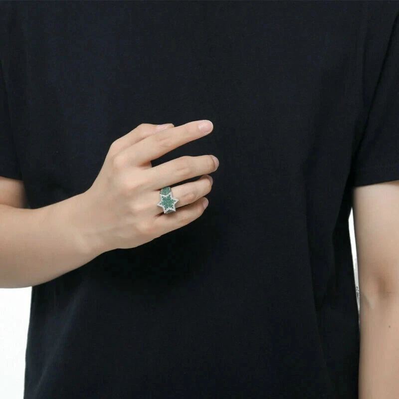 Мужское кольцо круглой огранки с имитацией изумруда в форме звезды с мизинцем покрытие белым золотом 14 карат 3 карата - Изображение 3 из 4