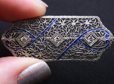 Unique Handmade Art Deco Filigree Design Lab-Created Diamonds & Enamel Brooch