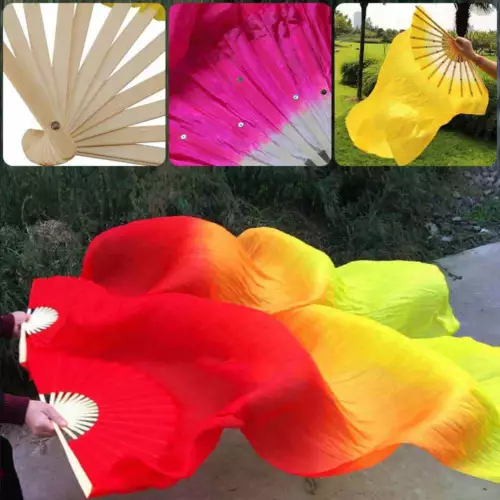 1.8m Long Belly Dance Silk Bamboo Fan Veil 1 Pair(L+R) 6 Colors - Picture 3 of 20