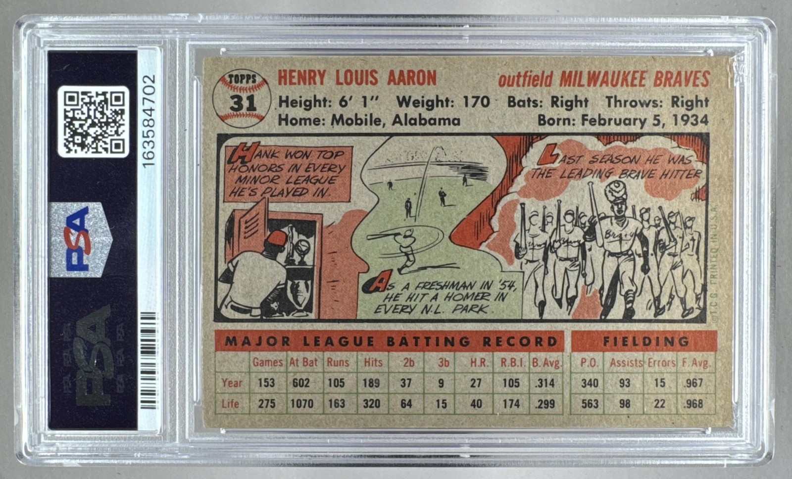 Hank Aaron 1956 Topps #31 Gray Back PSA 4 view 2