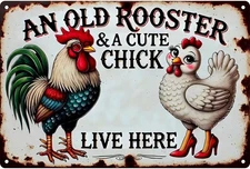 Vintage Chicken Coop Metal Signs - An Old Rooster & A Cute Chick Live TPH330 