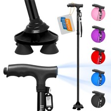 Folding Walking Cane with LED Light, Pivoting Quad Base, Adjustable Height