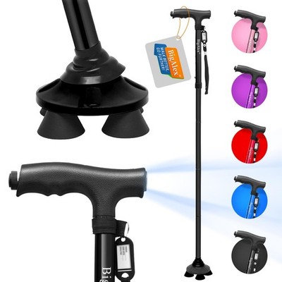 Folding Walking Cane with LED Light, Pivoting Quad Base, Adjustable Height