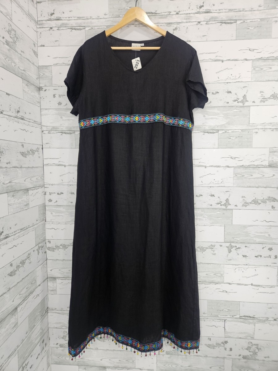 Match USA Womens Large Black Linen Maxi Dress Embroidered Beaded | eBay