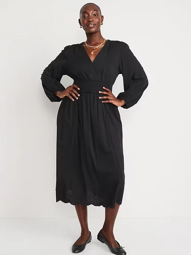 Old Navy Puff-Sleeve Smocked Waist Embroidered Midi Dress in Black - Size 2X