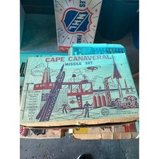 Vintage 1950s Marx Cape Canaveral Missile Set with Box Tin Building  Rockets
