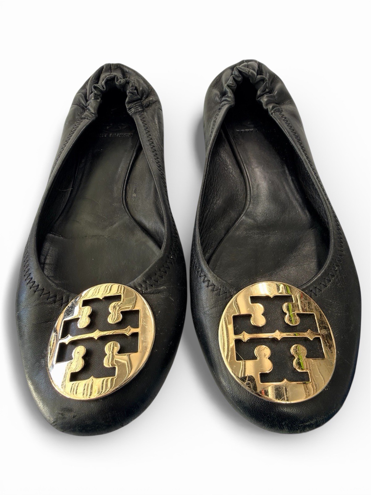 🖤💛 TORY BURCH Minnie Travel Ballet Flats Black Leather Gold Logo 9M
