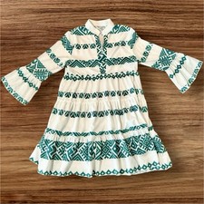 Green & White Ruffle-Tiers Short Dress 3/4 Bell Sleeves V-Neck Sz-Small No Brand