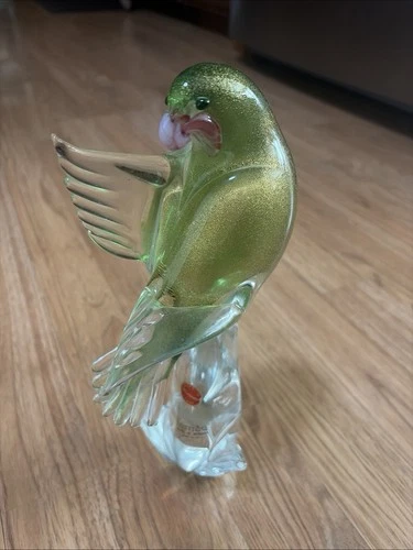 Vintage Murano Handmade Heavy GreenBird Glass Figurine, Gold Dust