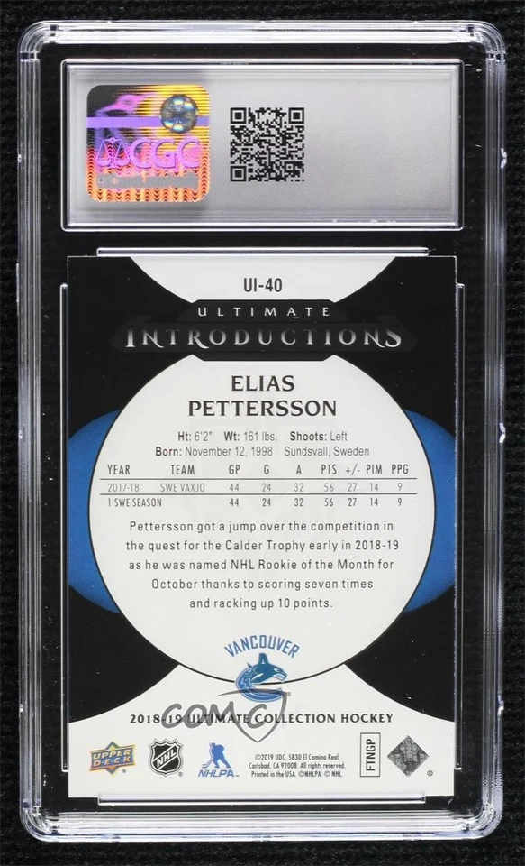 2018-19 Ultimate Collection Onyx Black /25 Elias Pettersson CGC 9 Mint Rookie RC - Image 2 of 2