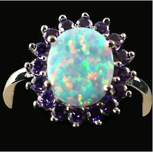 *** Oval White Fire Lab Opal w/ Amethyst CZ Border_925 STERLING SILVER_SZ-5 - Picture 2 of 3
