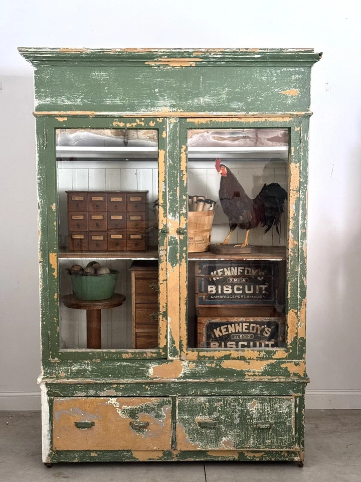 Antiguo Vitrina Boticario Verde Primitivo Armario Hutch Vitrina Vidrio Foto 2 de 4