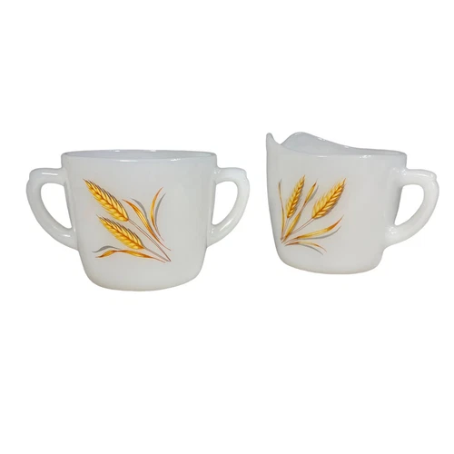 Fire King Vintage Cream And Sugar Set Milk Glass Wheat Pattern