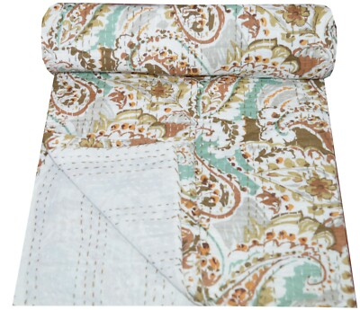 Indian Kantha Quilt Twin White Paisley Print Reversible Bedspread Cotton Gudri