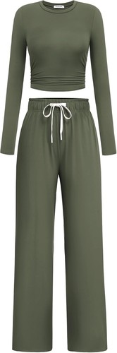 PINSPARK Women 2 Piece Lounge Set, Long Sleeve Cropped Top Wide Leg Pants, XL